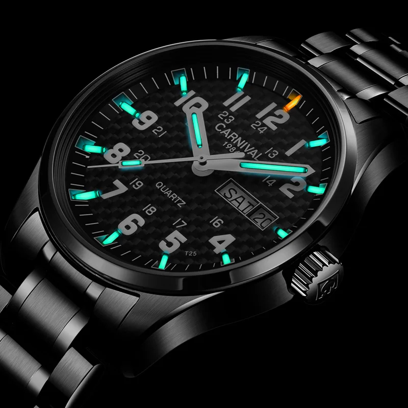 

Carnival Tritium T25 Gas Luminous Quartz Men's Watch Double Calendar Waterproof Military Waterproof Clock Full Stainless Steel