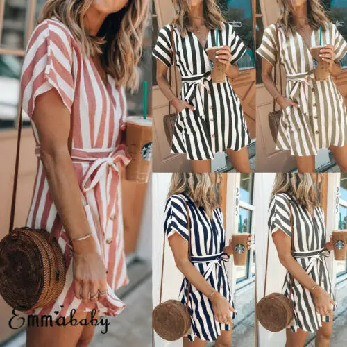 UK Women Short Sleeve Wrap Boho Stripe Mini Dress Ladies Summer Sundress Holiday