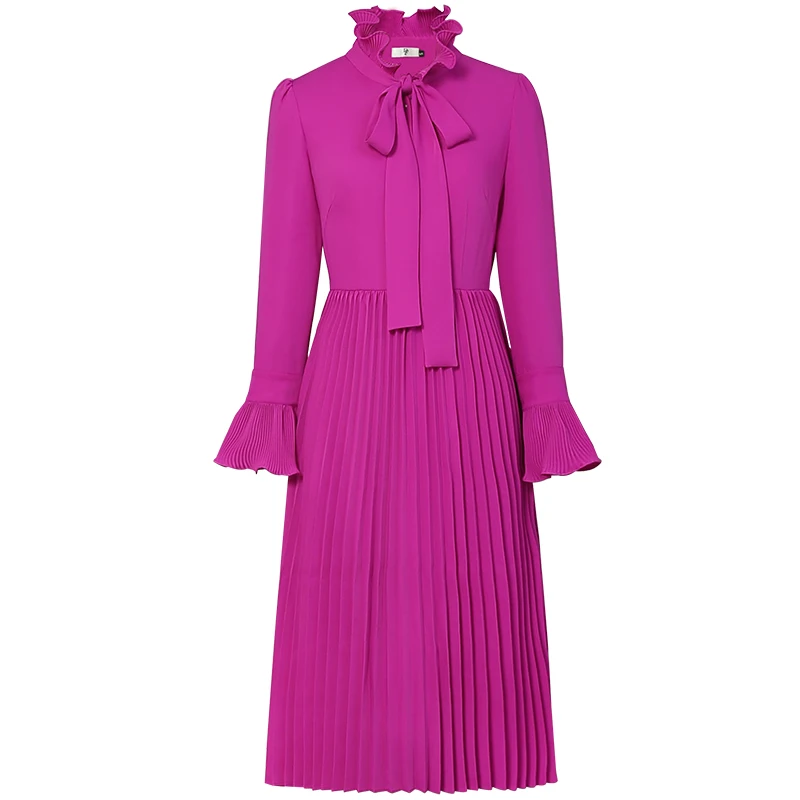 

European American Runway Women Autumn Designer Flare Sleeve Bow Collar Solid Color Purple Slim Dresses Quality Pleated Dress