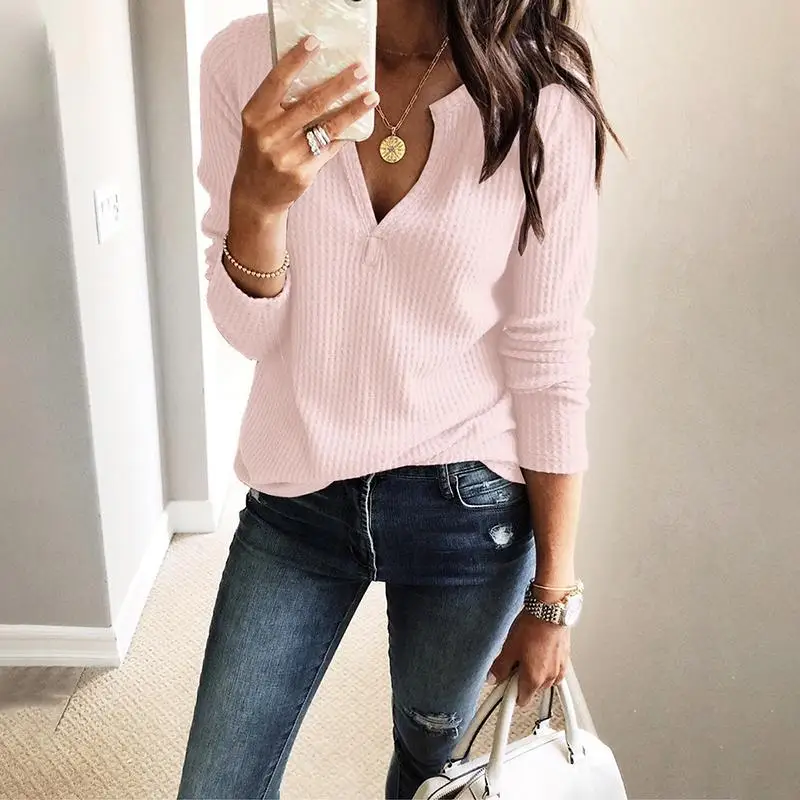 

2019 Autumn Women Fashion Elegant Leisure Knitting Blouse Female Solid V-Neck Long Sleeve Casual Top
