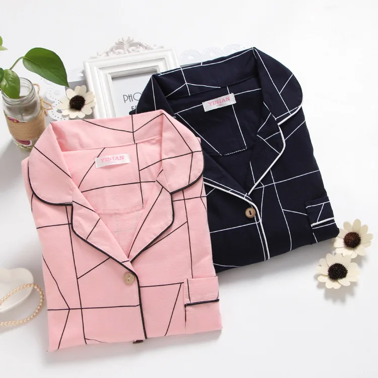 

New Autumn 100% Cotton Lovers Pajamas Comfortable Long Sleeved Pajama Set Striped Pijama Mujer Plus Size Loungewear Sleepwear