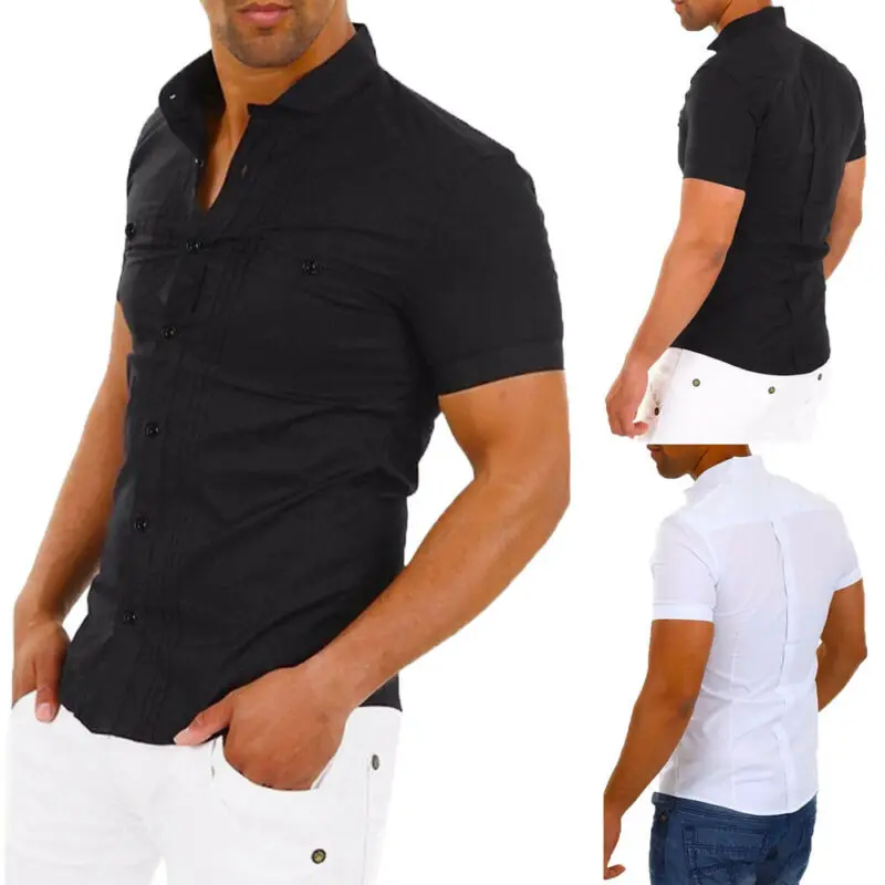 Летние популярные мужские стильные повседневные платья Slim Fit рубашки с коротким рукавом плиссированные классические деловые рубашки топы
