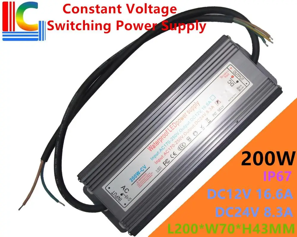 

200W Constant Voltage Switching Power Supply 12V 24V IP67 Waterproof LED Driver Adapter16.6A 8.3A Lighting Transformer 110V 220V