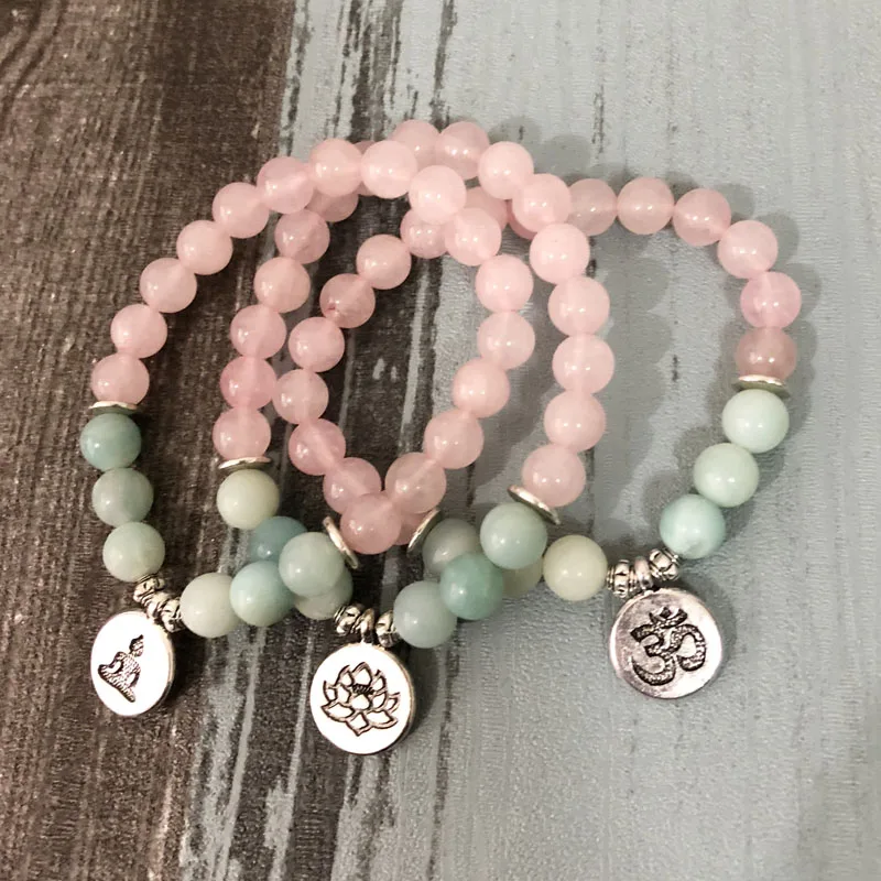 

Om Buddha Lotus bracelet for women Rose Quartzs Pink Beaded wrist Yoga Buddha amazonite bracelet pink stone bracelet