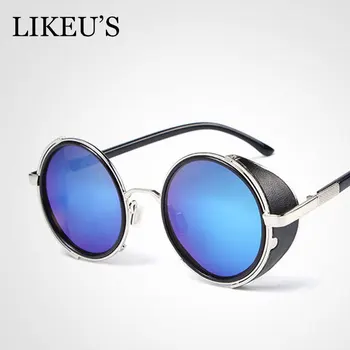 

LIKEU'S Vintage Gothic Style Round Steampunk Sunglasses Men Women Fashion Leather Windproof Mirrored Sun Glasses For Hip Hop