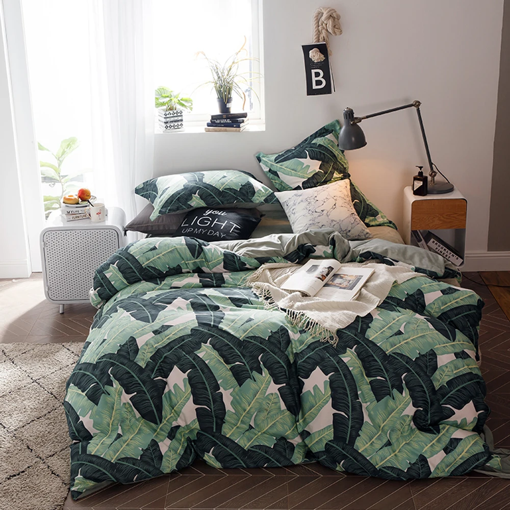 

2018 Simple Green Leaves Duvet Cover Set 1 Side Cotton 1 Side Coral Fleece Bed Cover Twin Queen King Bedlinens Pillowcases
