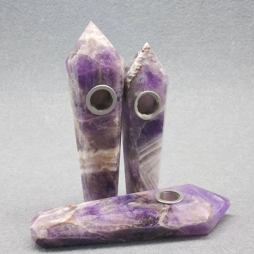 

Natural Dreamy Purple Crystal Quartz Magic Wand Point Health Tobacco Holder Amethyst Smoking Pipe Healing