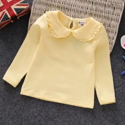 style 1 yellow Осенняя футболка для девочек топы с оборками и воротником для девочек, футболки Блузка для девочек Базовая хлопковая футболка с длинными рукавами футболка для студентов - Цвет: style 1 yellow