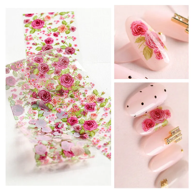 

1pc Rose Nail Foil Flowers Leaf Transparent Transfer Foil Stickers Colorful Floral Nail Art Manicure Decoration 4*50cm