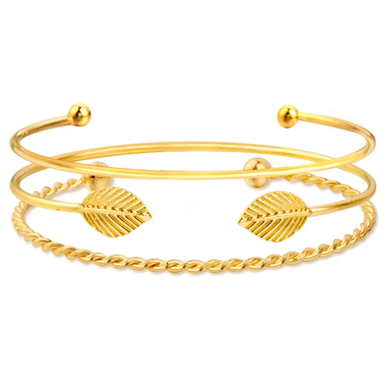 3PCS/Set Gold Color Trendy Leaves Open Cuff Bangle Set Wire Bangles
