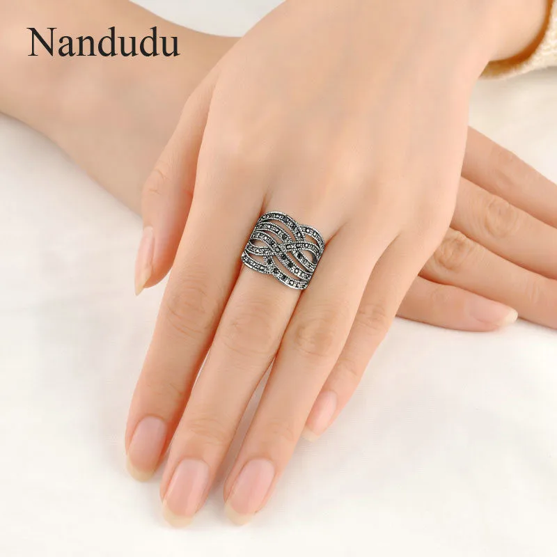 Nandudu марказит кольцо женские ювелирные изделия черный серый австрийский Ctystals Подарок Античные Кольца Аксессуары подарок для женщин девочек R1033