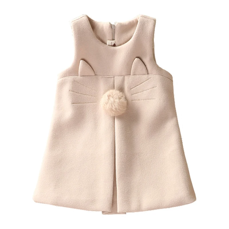 

2017 new Autumn baby girls vest dress thicken fur ball kids clothes sleeveless cartoon cat children vestidos