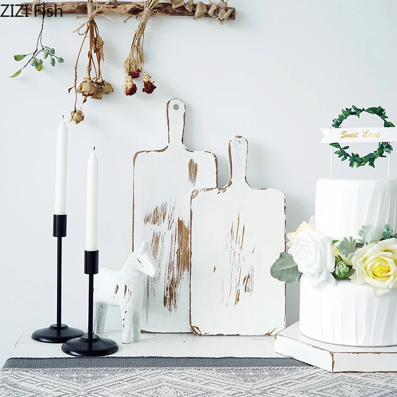 

Vintage White Wood Bread Tray Return To The Ancients Style Chopping Block Handle Pizza Board Cake Food Photography Props