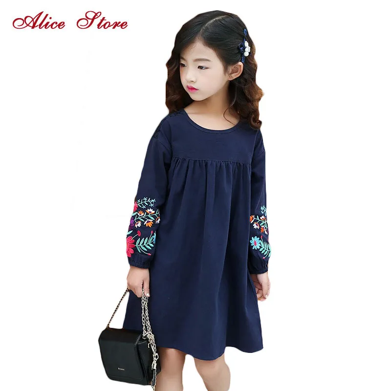 Одежда для девочек, платья, коллекция 2018 года, осень, Новый китайский стиль, длинный рукав, вышивка, сплошной цвет, длина до колена, детская