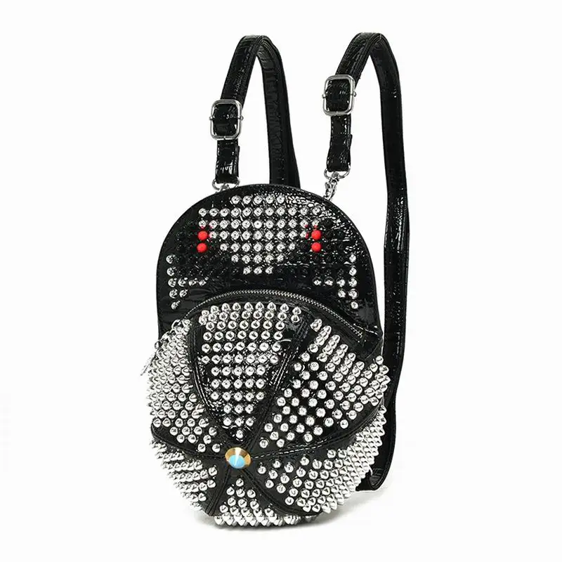 

Bearberry Designer Rivet Monster Backpacks Handmade Leather Hat Shape Bagpack Punk Style Mochila Diamond Rhinestone Bags