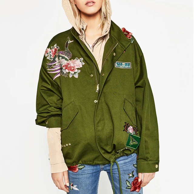 Oversized Embroidered Long Sleeve Utility Jacket Appliques