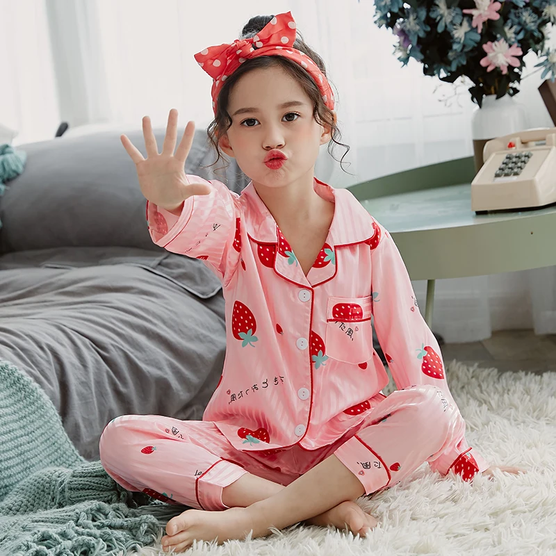 Girls Pajamas Autumn Winter Long Sleeve Children's Sleepwear Set Silk Pajamas Suit Pyjamas Sets for Kids Tracksuit Set