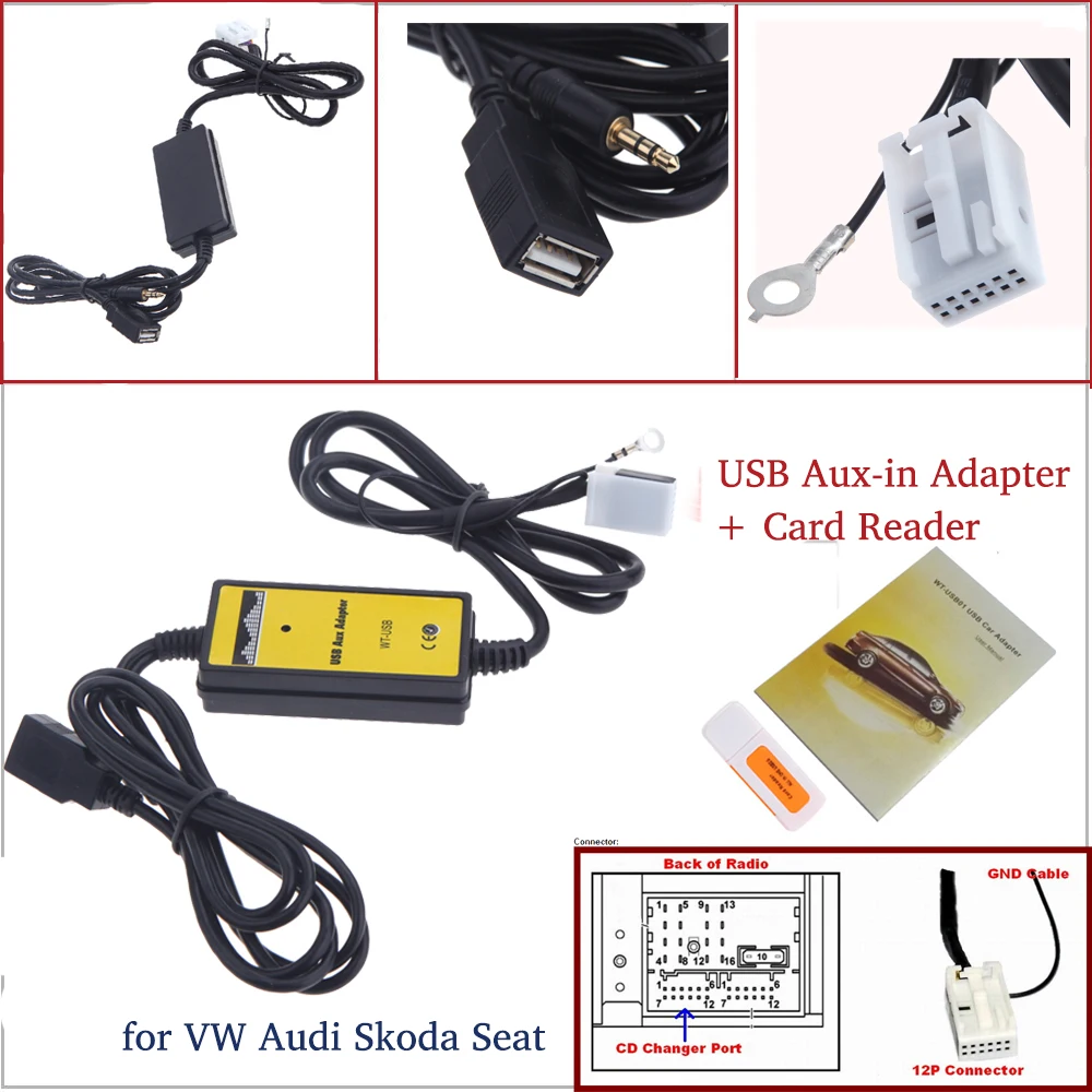 Авто 12Pin USB SD карта Aux-in адаптер MP3 плеер Радио Интерфейс для VW Polo Jetta Passat Golf GTI Touran Audi A4 Skoda Seat
