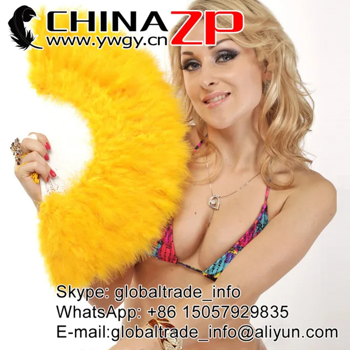 

CHINAZP Factory Exporting Good Quality Dyed Gold Yellow Marabou Feather Hand Fan for Dancing Party