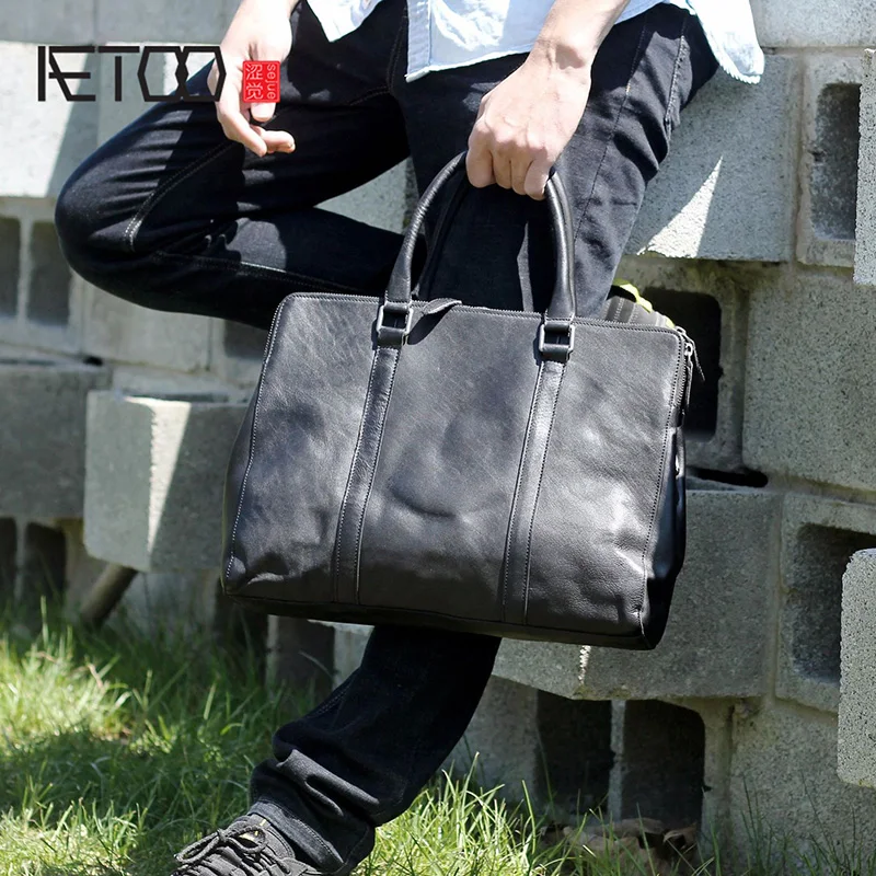 AETOO Retro leather men's handbag, simple handmade head cowhide business casual computer Bag