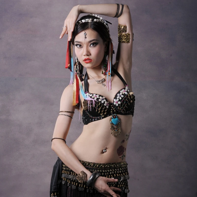 

Ethnic Tribal Belly Dance Copper Halter Top Gem Stone Heart Pendant Push Up Sequin Bras B/ C CUP Tribal Tops Women