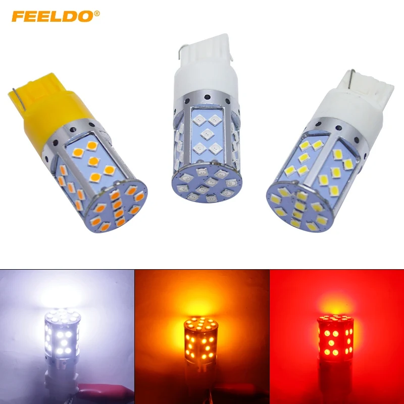 

FEELDO 2Pcs 7440 T20 3030SMD 35LED Car LED Turn Signal Brake Tail Light Bulb Socket 12V White/Amber/Red