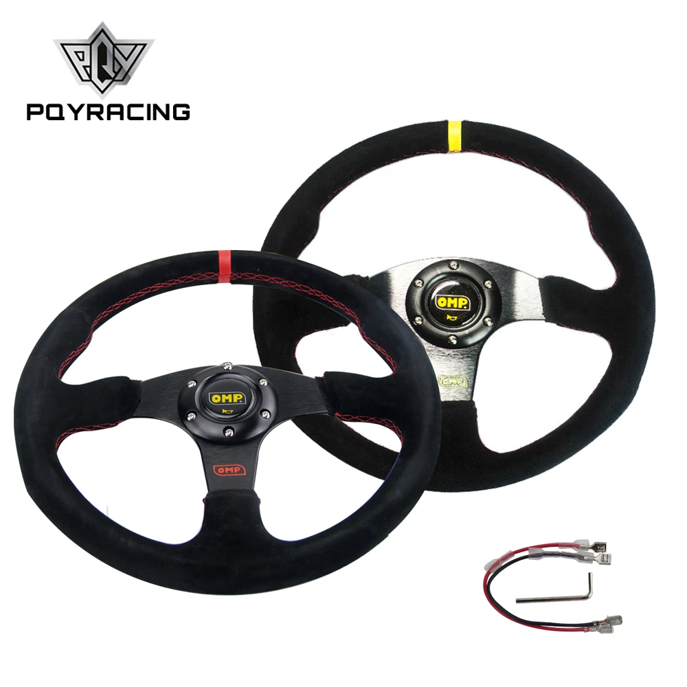 

NEW 14inch 350mm Suede Leather Flat Rack Corn Drifting Steering Wheel with black box PQY-SW71