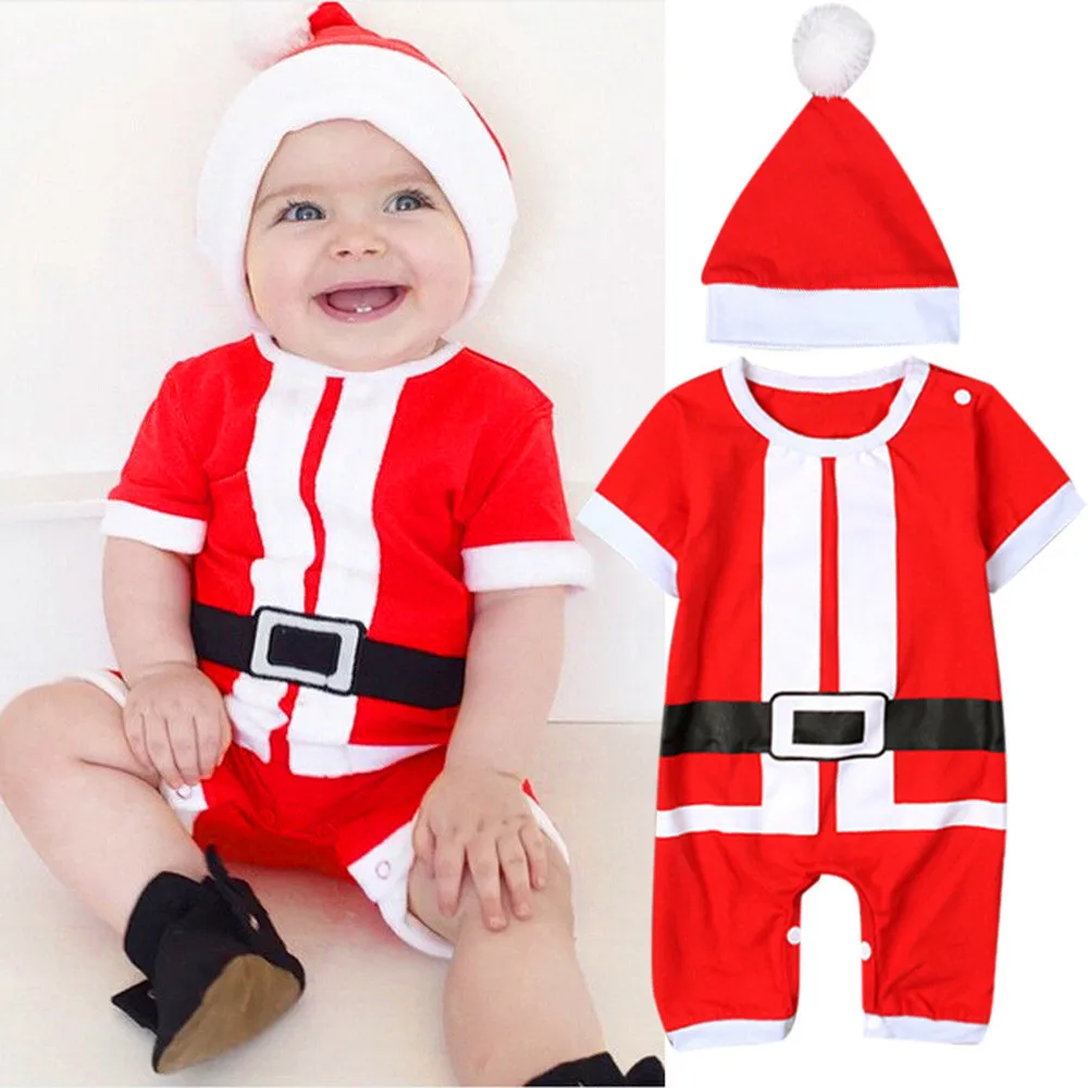 Santa Claus Christmas Costume Newborn Baby Girl Boy Clothes Xmas Belt Print Romper Jumpsuit Hat Outfits 2 Piece Set For Children