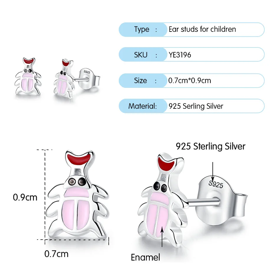 ELESHE 2019 Fashion Jewelry Cute Pink Enamel Crab Stud Earrings for Women Girls Child 925 Sterling Silver Earrings Party Jewelry