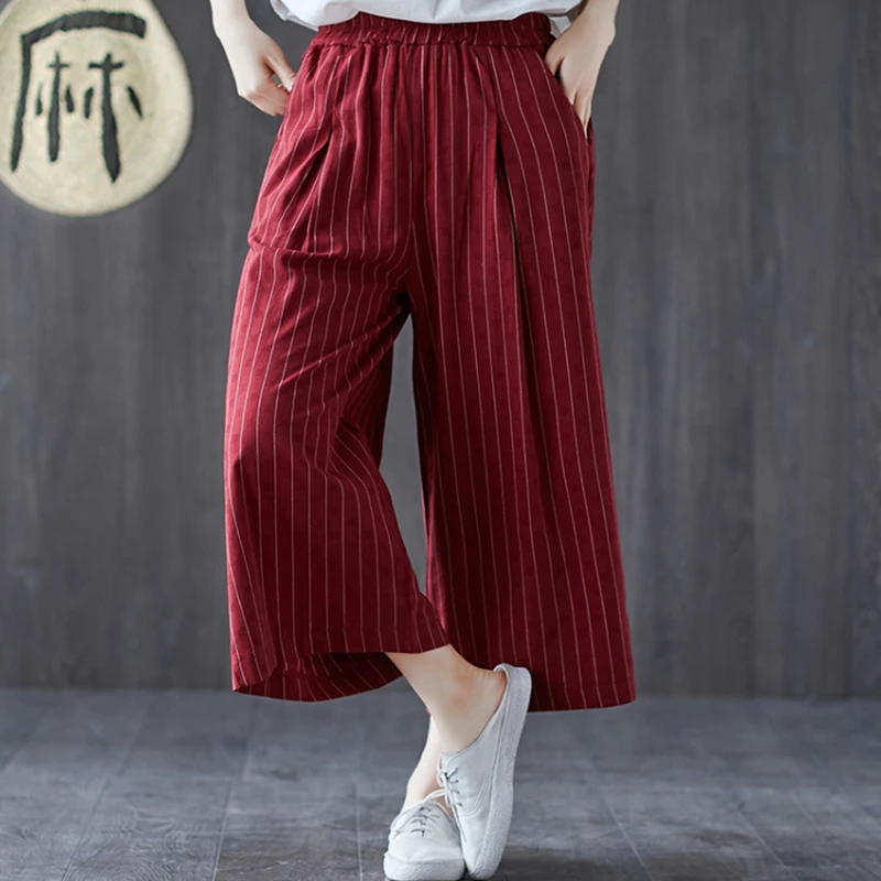 

Romacci Pantalon mujer Vintage Women Wide Legs Pants Stripe Print High Waist Pocket Cotton Linen Loose Straight Casual Trousers