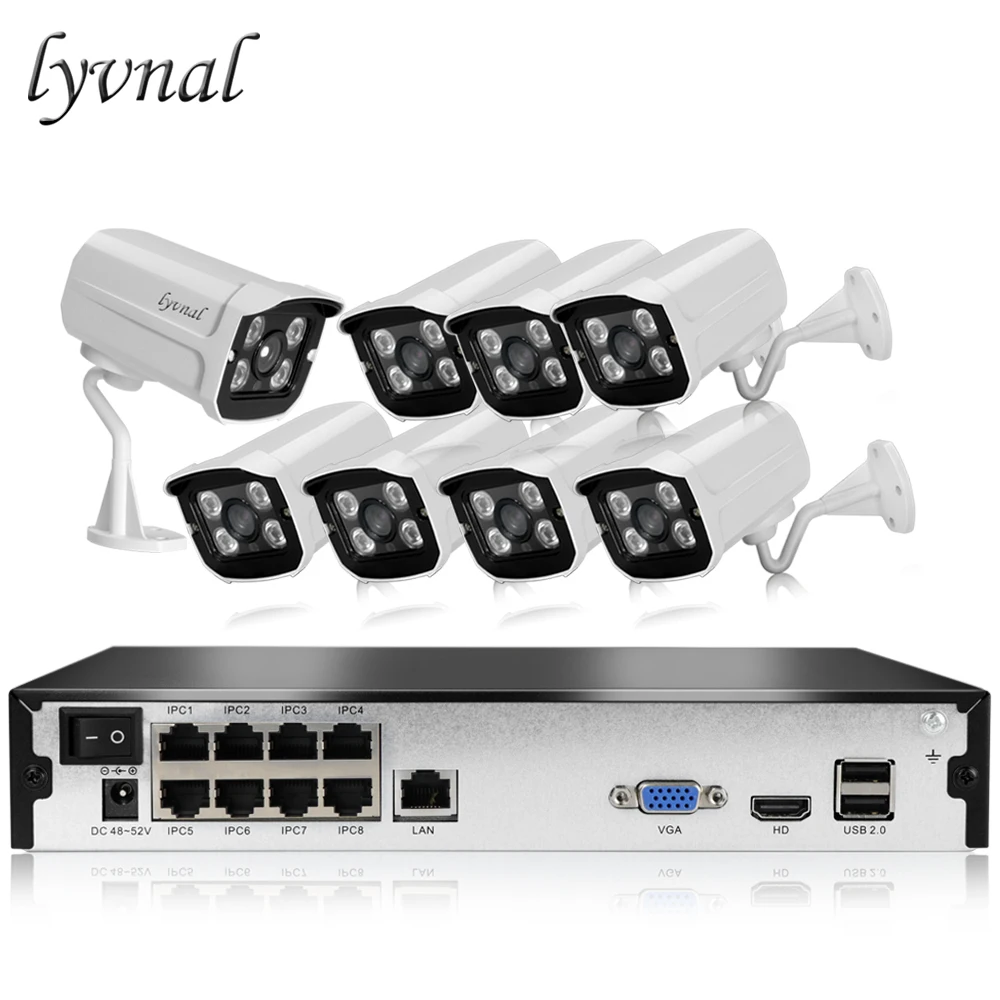 Lyvnal H.265/264 8CH с комплектом POE 48 v Plug and play 2MP 1080 p ip Камера уличная Водонепроницаемая видеокамера охранной системы 8ch poe nvr kit