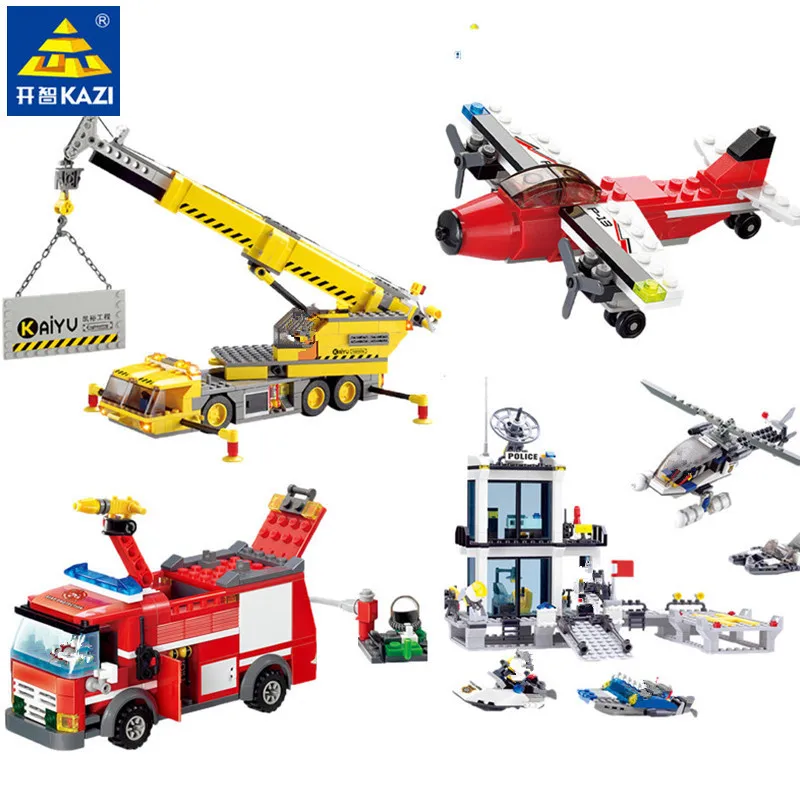 Ville pompier camion grue Construction avion Police modèle blocs de Construction ensembles Brinquedos Playmobil briques éducatifs enfants jouets