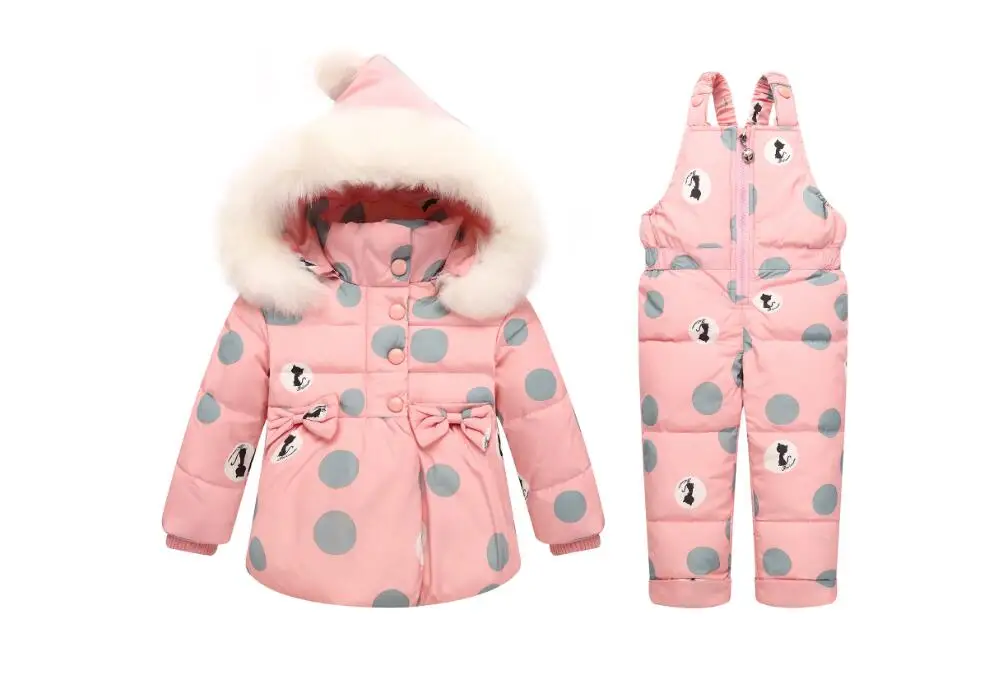 Big Polka Dot White Duck Down Winter Overalls For Girls Down Jacket and Pants Baby Snowsuit Newborn Infant Winter Clothing Set