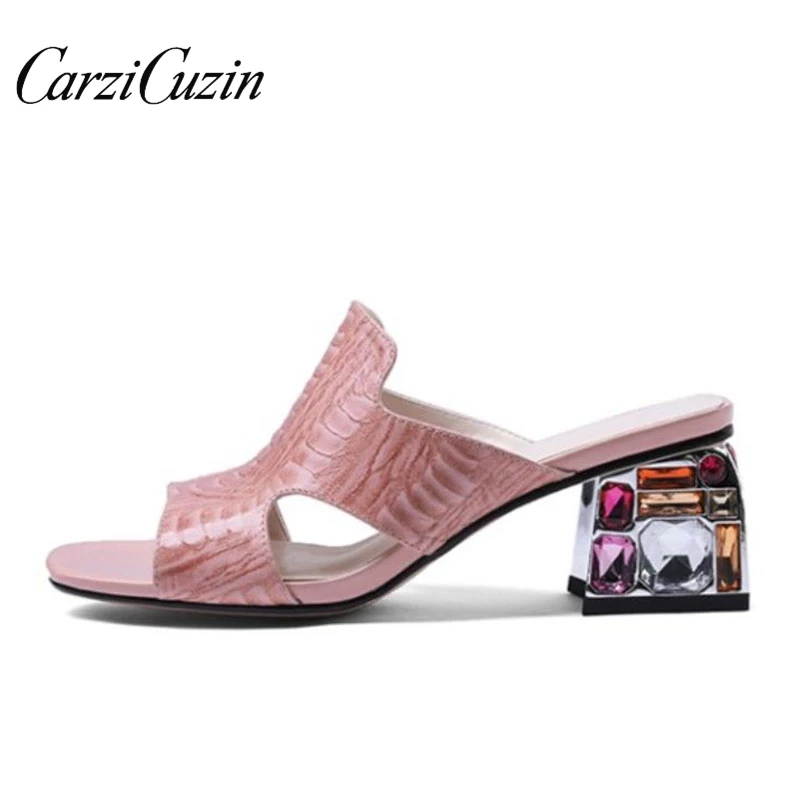 

Carzicuzin Fashion Mom Sandals Genuine Leather High Heels Shoes Women Crystal Open Toe Daily Leisure Shoes Mujer Size 34-39