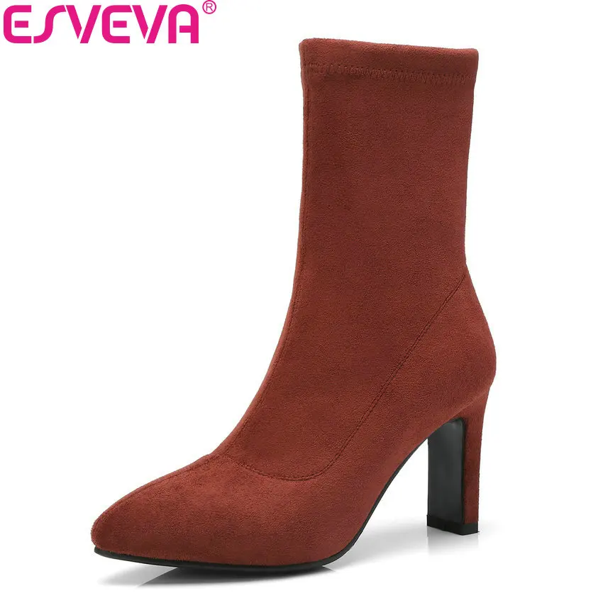 

ESVEVA 2018 Women Boots Flock Mid-calf Boots Slim Look Square High Heels Autumn Shoes Pointed Toe Sewing Ladies Boots Size 34-42