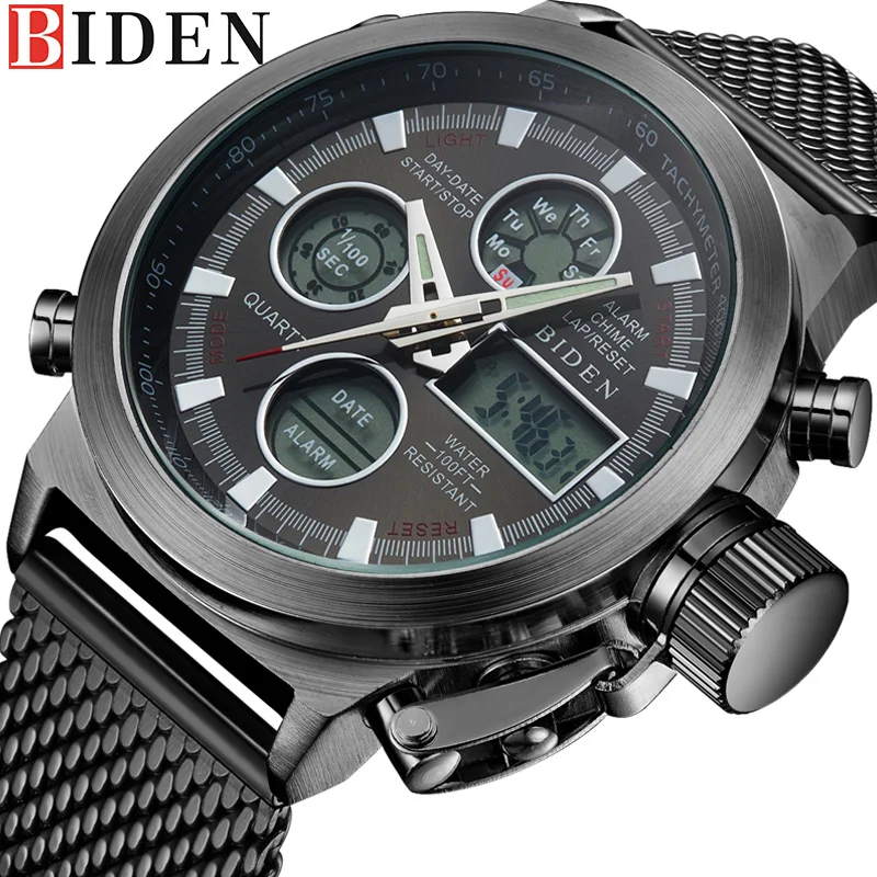 

BIDEN Top Brand Luxury LED Male Watch Steel Men Military Sport Clock Date Alarm Mens Watches Business Digital Quartz Clocks 0031