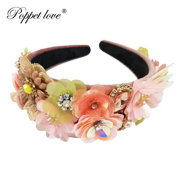 

Beach Hairband Flower Women Bridal Sequins Headwear Fashion Flower Beach Wedding Pink Flower Headband