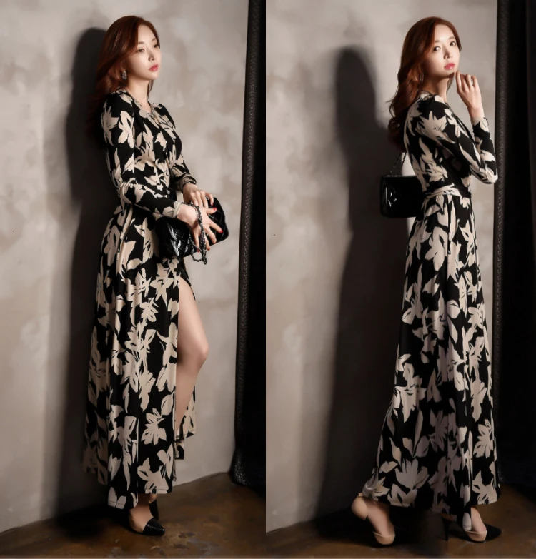 free shipping women summer floral dress v-neck high slit beted sexy dress bohemian style maxi dress ladies slim dress s-xl