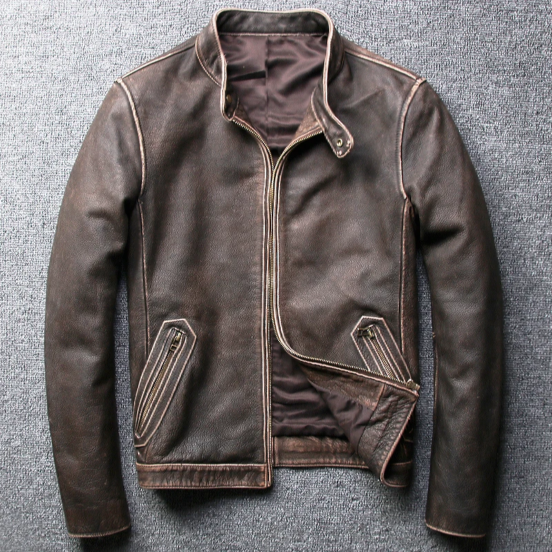

Large Size Men's Vintage Cow Leather Jackets 2019 Brand Design Genuine Leather Bomber Jacket Male Warm Motorcycle Biker Coat
