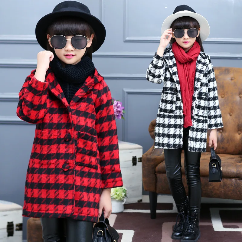 

Hot Selling Girl's Wool Coat 2018 Winter Blockbuster Chequered Coat Medium-long Thermal Cap Thickened Coat Christmas Day Gift