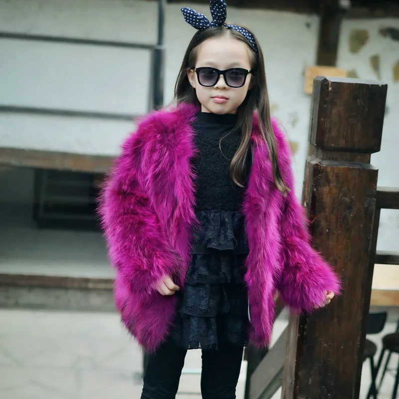 

Fuchsia Natural Raccoon Fur Coat Autumn Winter Children Warm Thick Outerwear Short Solid Fur Jacket GirlsO-Neck Outerwear Coat