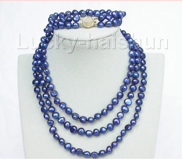 

RFWE53 E4 shipping length 49" 8" 8-9mm baroque navy blue pearls necklace 2row bracelet set j8461 (A0423) -Top quality free shipp