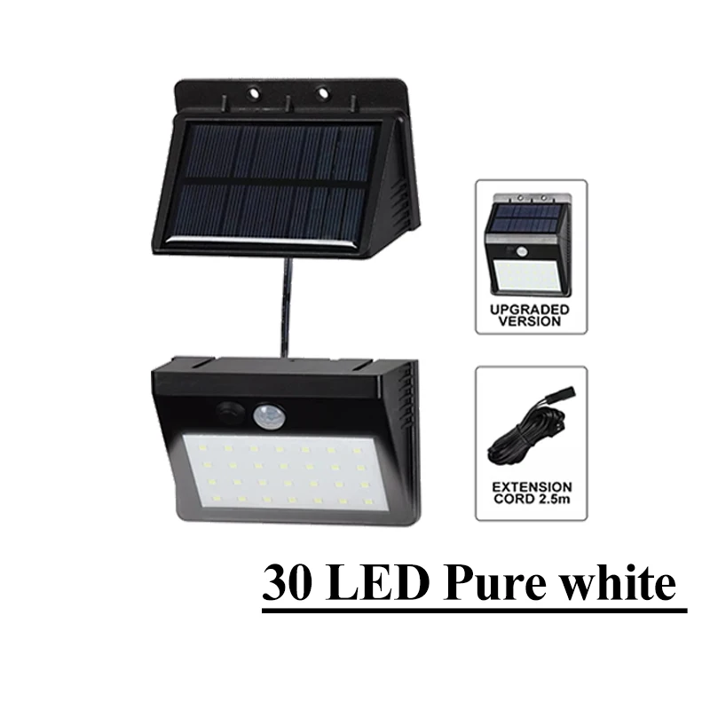 Светодиодный настенный светильник на солнечной батарее с датчиком движения PIR, водонепроницаемый, широкий угол, наружное настенное освещение, садовый разделяемый настенный светильник с 3 режимами - Испускаемый цвет: 30Led