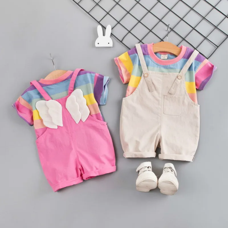 

Summer Toddler Infant Clothing Baby Girls Boys Clothes Sets Rainbow T Shirt Strap Shorts 2pcs/Sets Kids Children Costume Suits