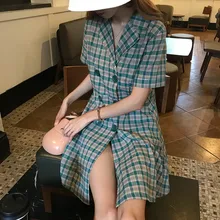 Vintage doble botonadura traje Collar Plaid vestido de las mujeres Kawaii encantadores vestidos Ins femenino dulce ropa Punk Harajuku para las mujeres