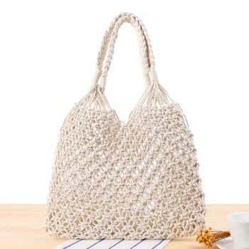 

IMYOK Cotton Rope Hollow Summer Straw Beach Bag hand made Tote handle Net Shopping Bag Vintage Retro Chic handbag Vacation