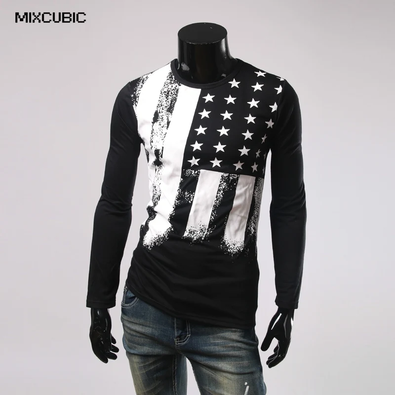 MIXCUBIC Autumn American style American flag printed T shirts men