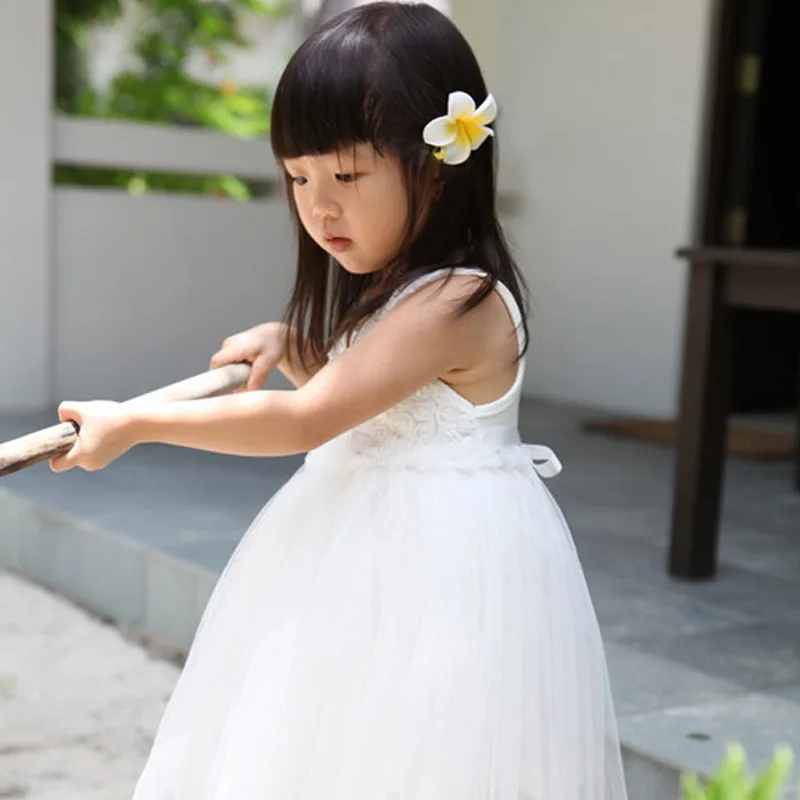 

Child White Yarn Performance Girl Dress Solid Polyester Princess Evening Dresses Kids New Summer Girls Lace Rose Dance Dress
