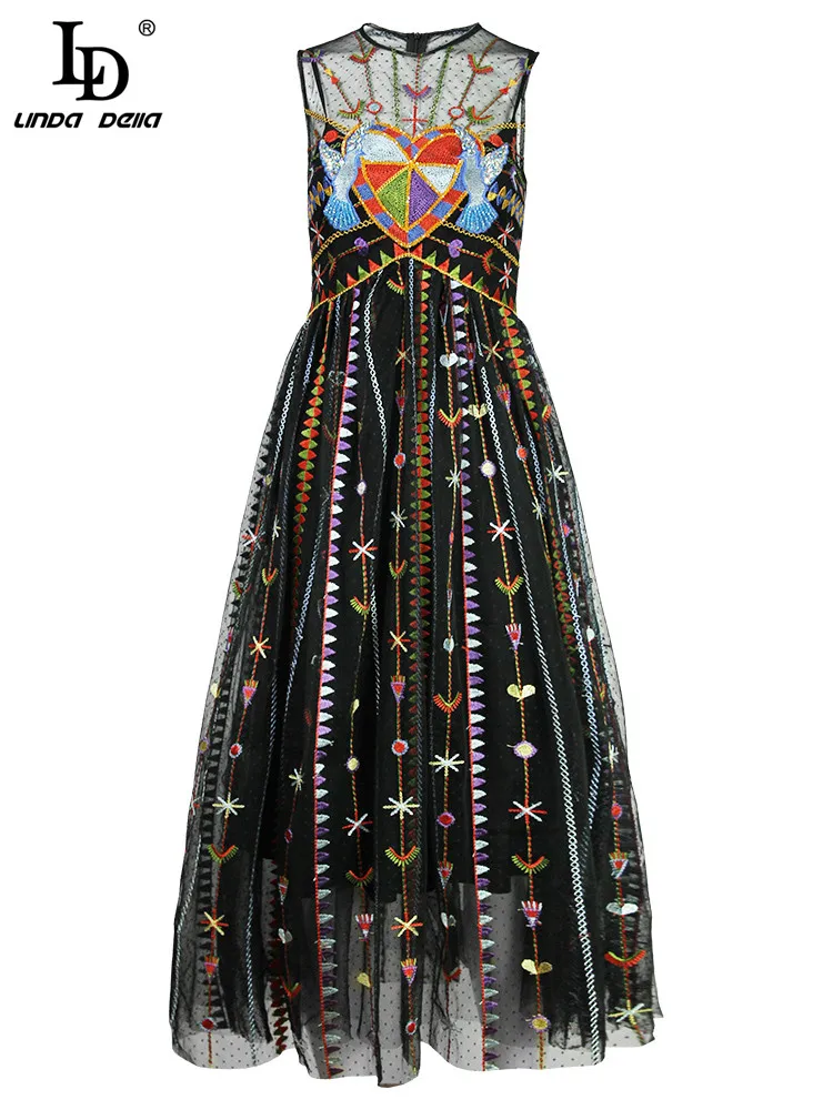 LD LINDA делла модное подиумное винтажное летнее платье трапециевидной формы женское черное Сетчатое платье без рукавов с вышивкой бисером до середины икры