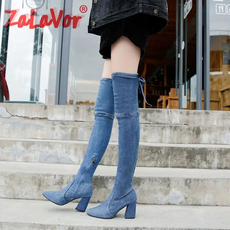 

ZALAVOR Women Pointed Toe Fashion Blue Boots High Quality Office Ladies Winter Boots Over The Knee Sexy Botas Size 35-40